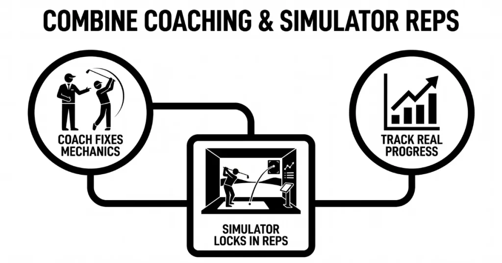Three-step golf improvement showing coaching and simulator reps for Golf Simulator vs Golf Lessons