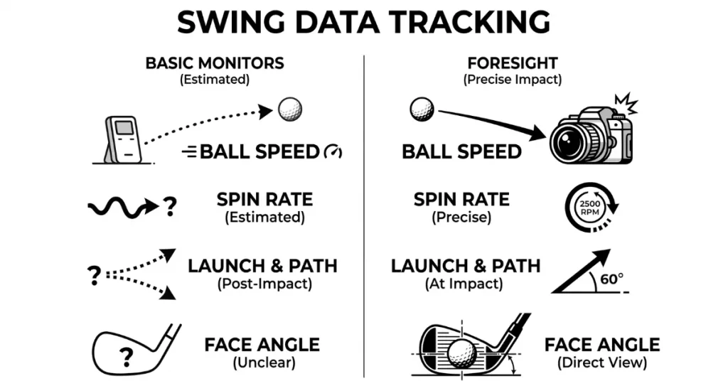 Swing data tracking comparing basic monitors with Foresight technology for ForeSight Golf Simulator vs Launch Monitor.
